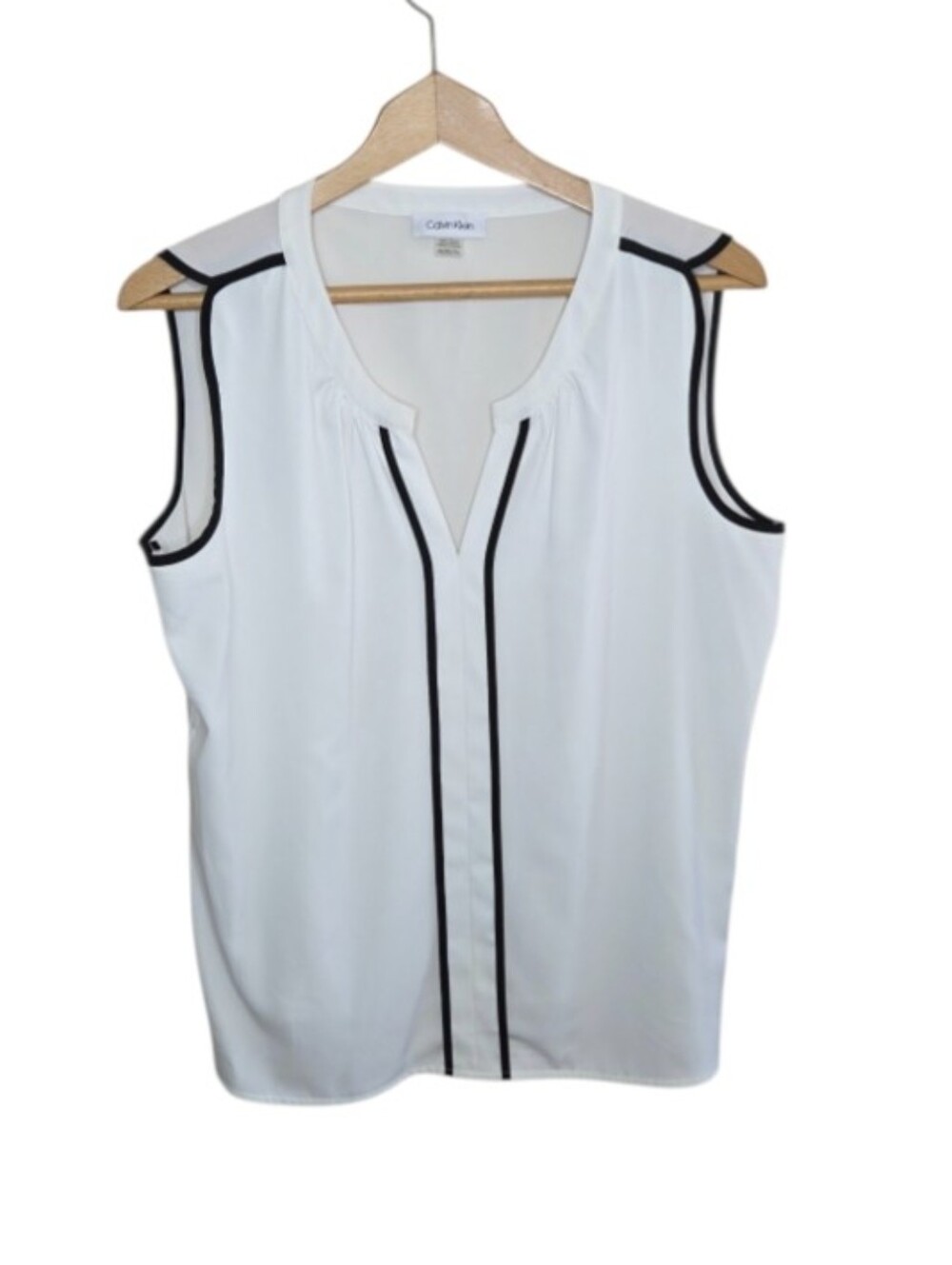Calvin Klein White Black Trim Sleeveless V-neck Tank Blouse Size XL Office